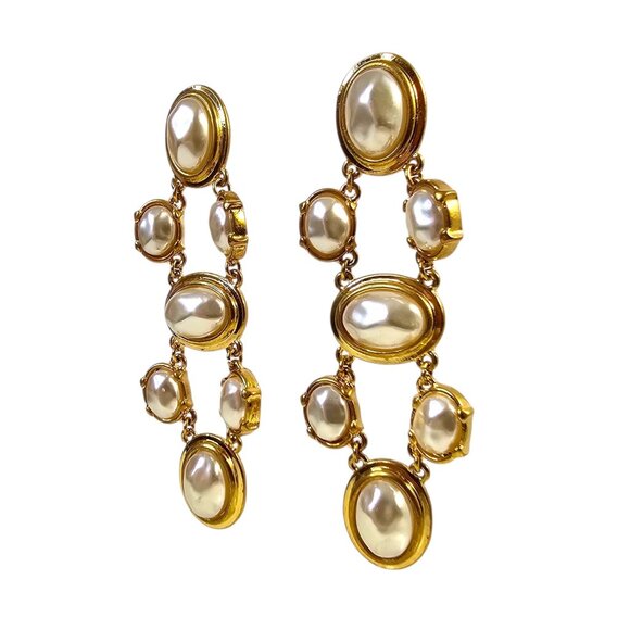 Chicos Gold‎ Tone Faux Baroque Pearl Chandelier Statement Earrings - Picture 2 of 7